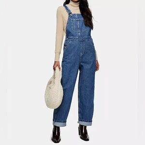 Topshop carpenter overalls in mid blue wash.